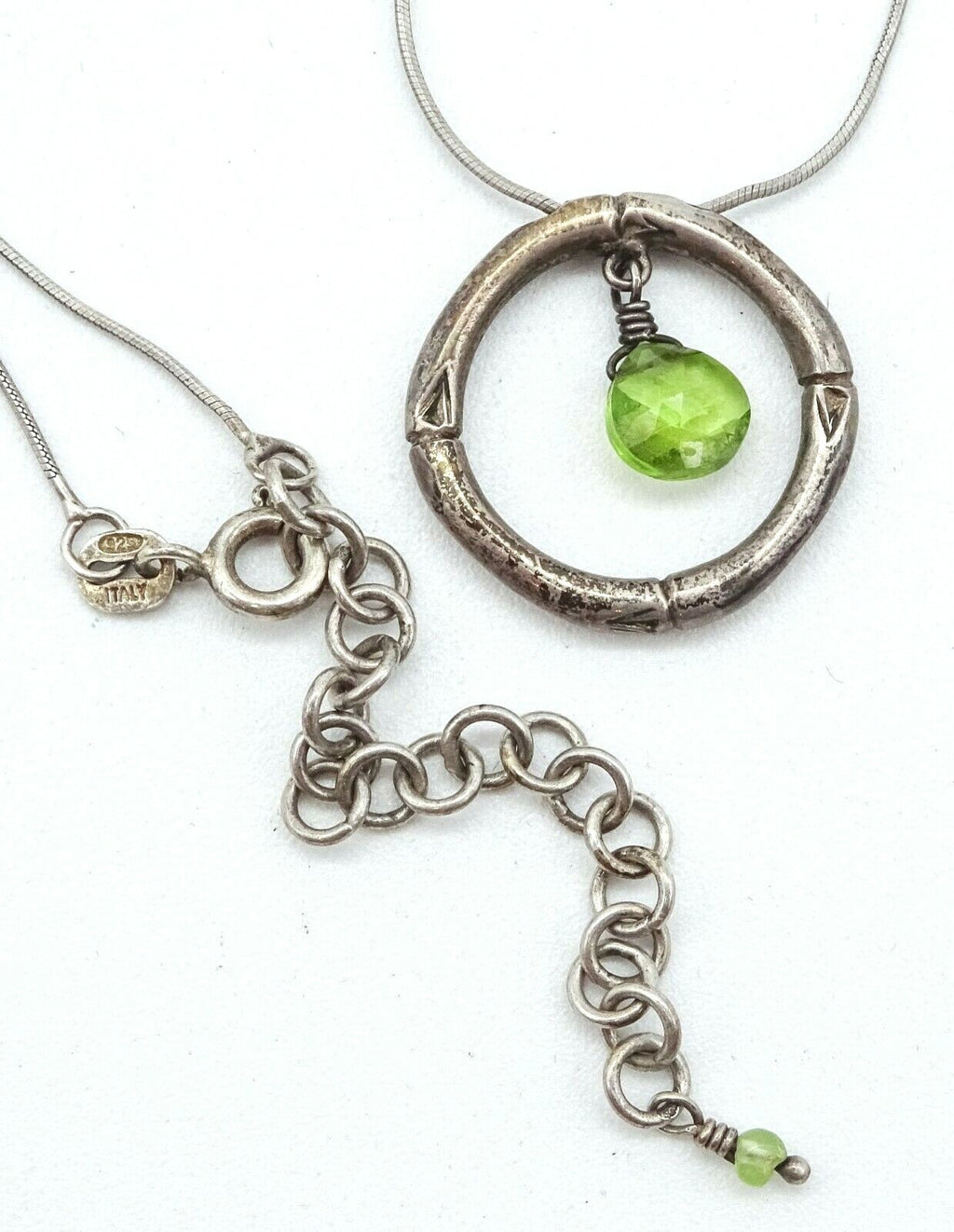 Sterling Silver Green Stone Pendant Necklace Snake Chain 16" - 18"