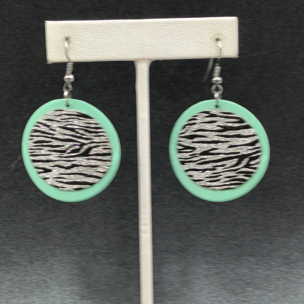 Pierced Earrings Seafoam Sparkle Zebra Print Enamel Round Dangle 1 1/2"