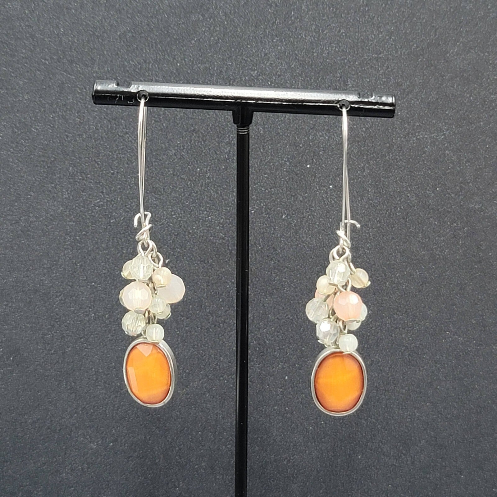 Pierced Earrings Silver tone Cluster Bead Orange Dangle 2.5"