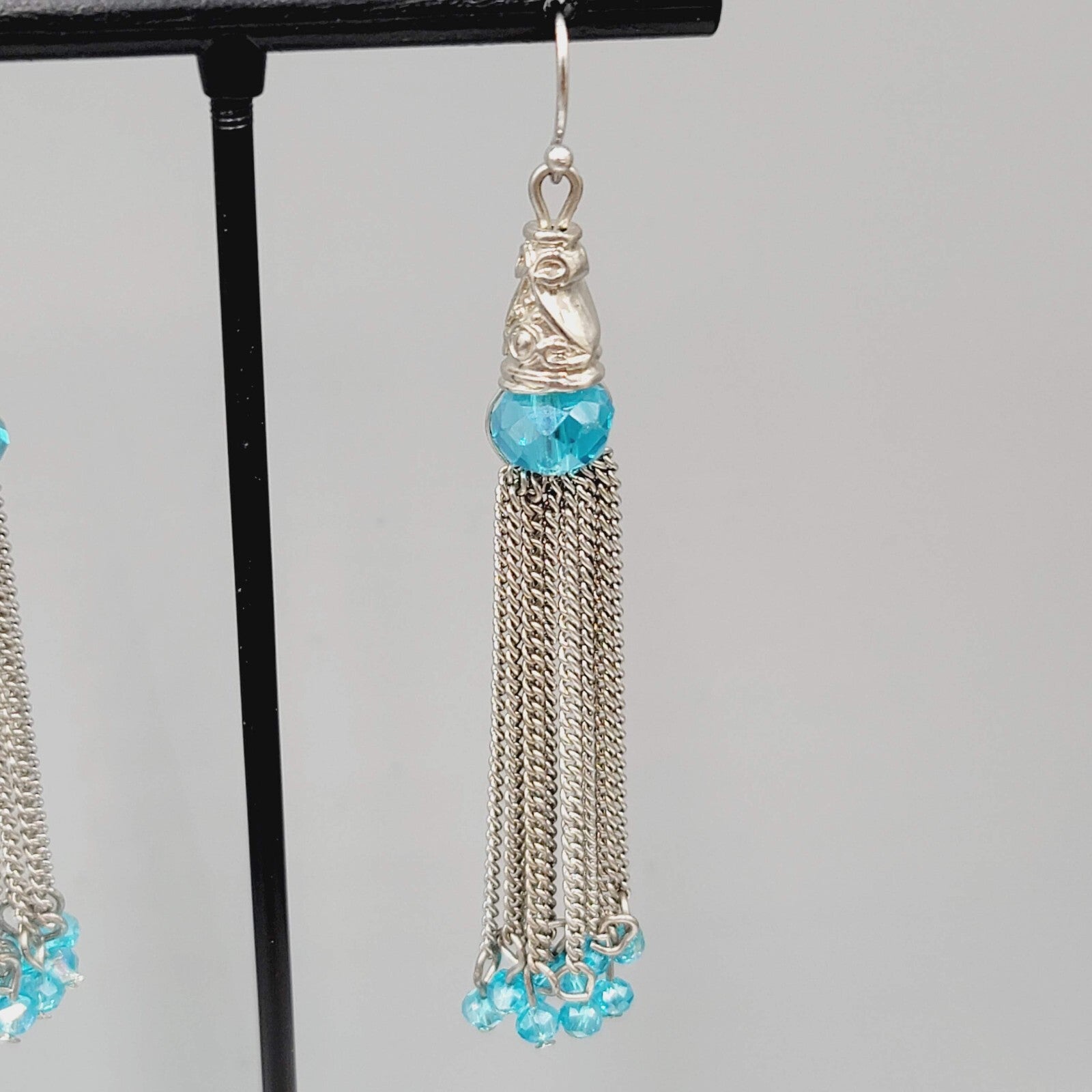 Dangle Chains Pierced Earrings Blue Crystal Beads Tassel 2.5"