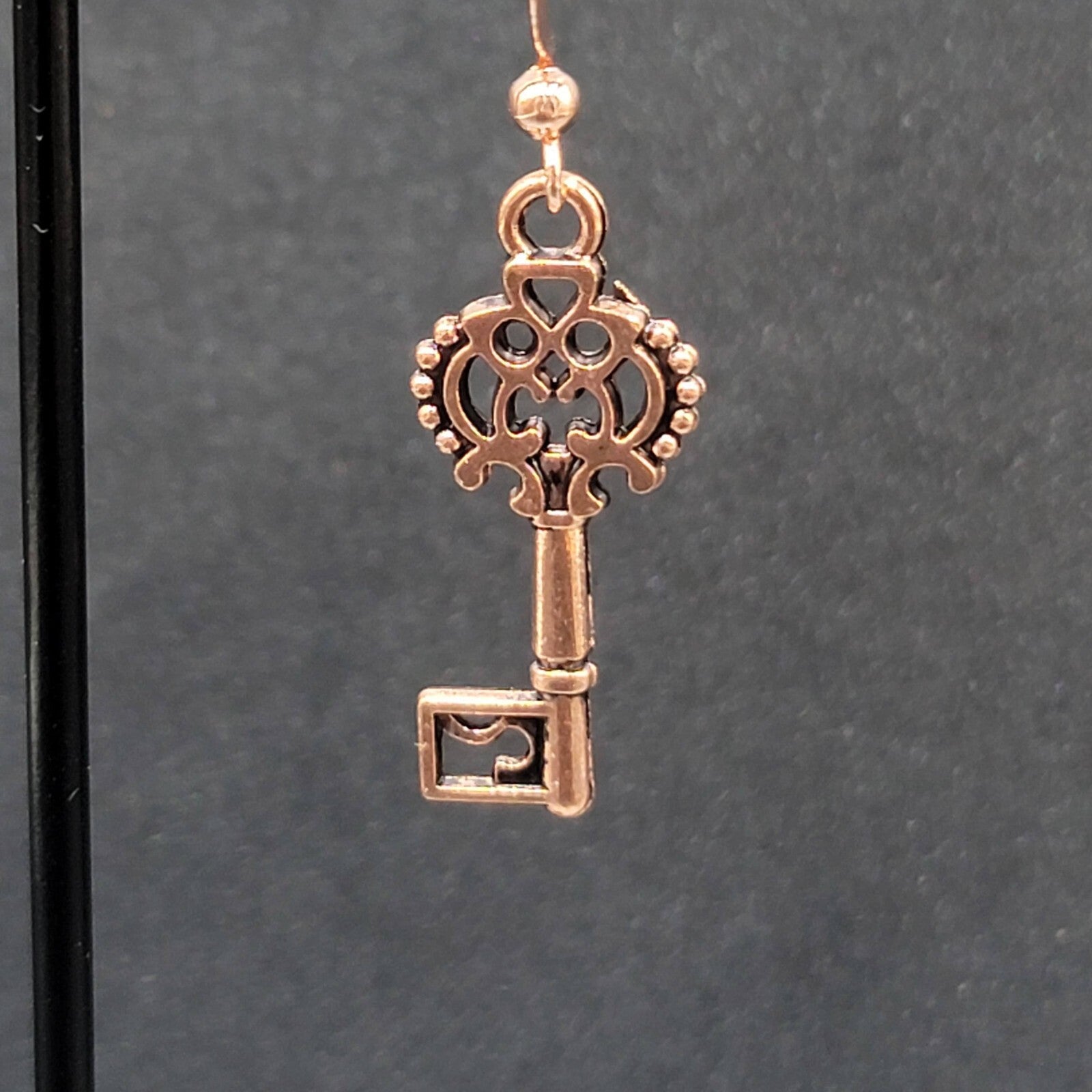 Skeleton Key Pierced Earrings Copper tone Dangle 1 1/8"