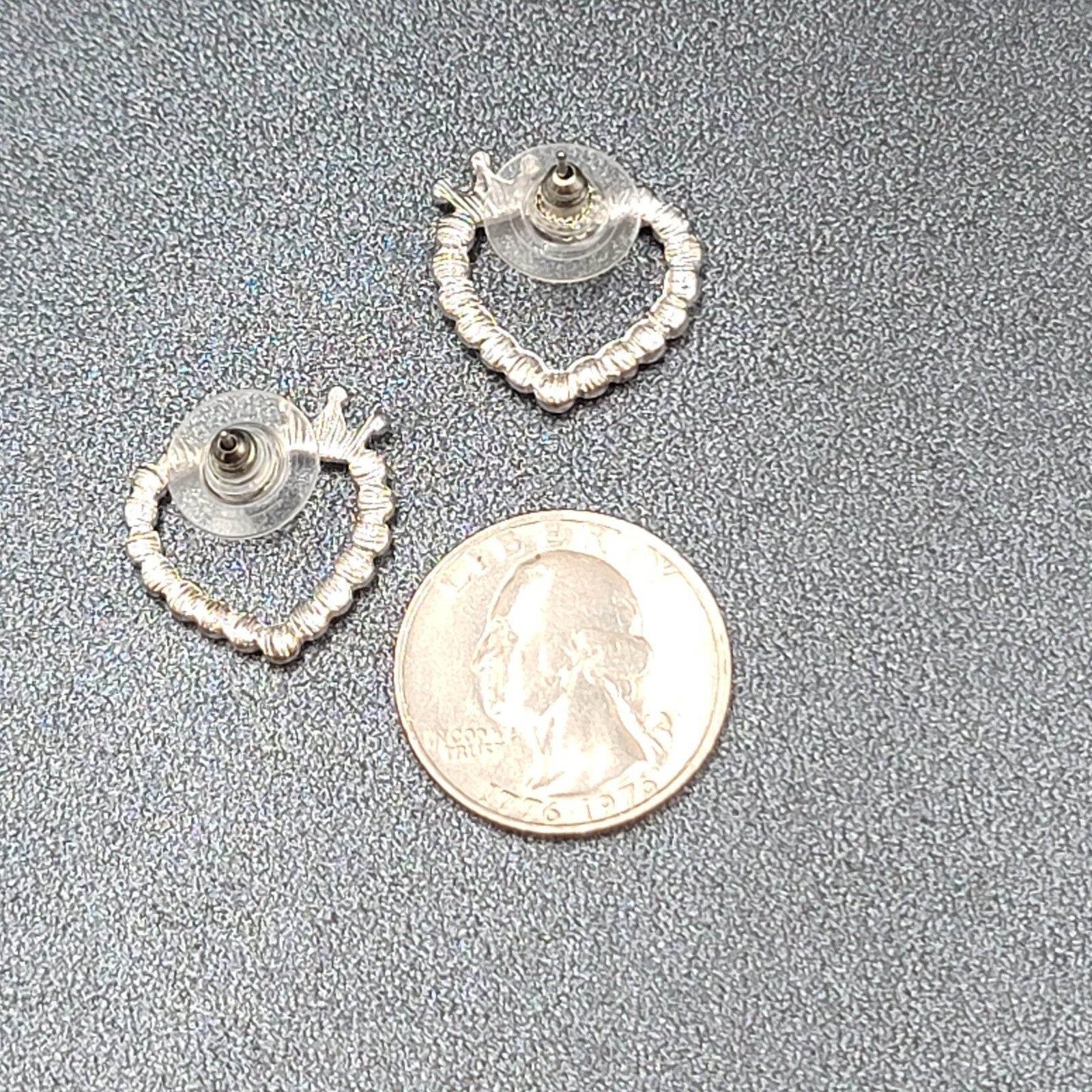 Heart Pierced Earrings Silver tone Crown Pink Crystal Studs 3/4"