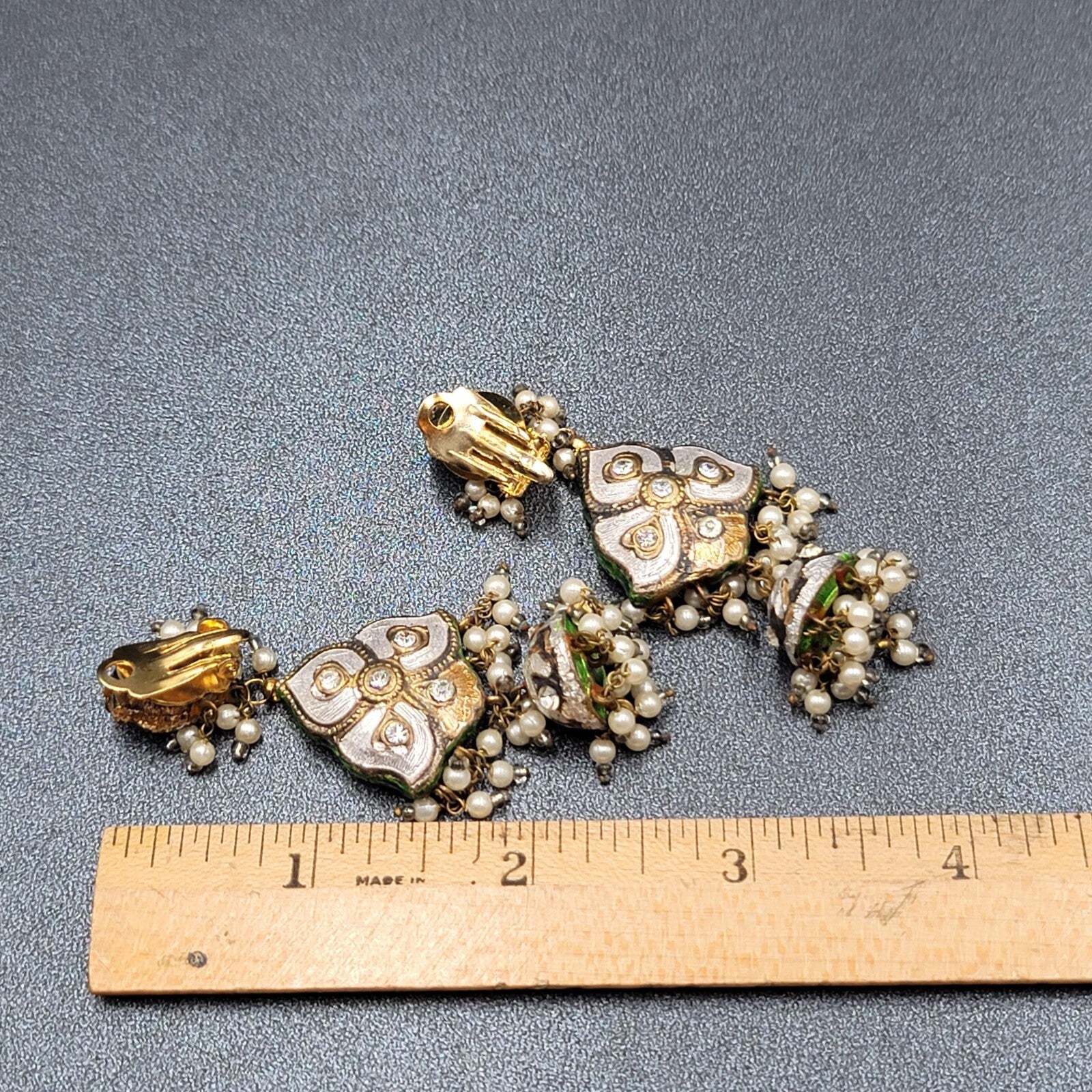 Clip on Earrings Large Enamel Guilloche Beaded Chandelier India Jewelry 2.75"