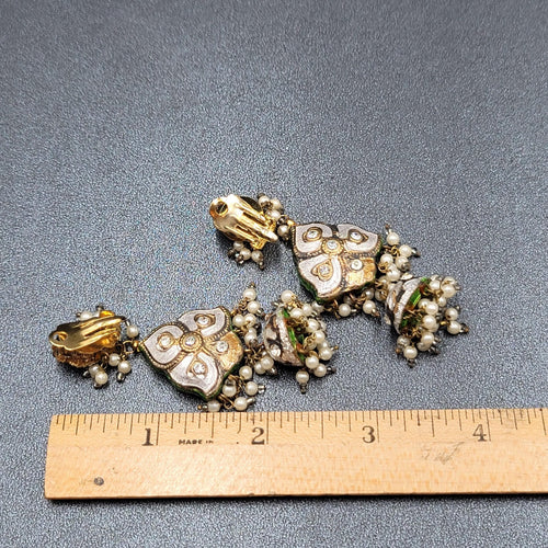 Clip on Earrings Large Enamel Guilloche Beaded Chandelier India Jewelry 2.75"