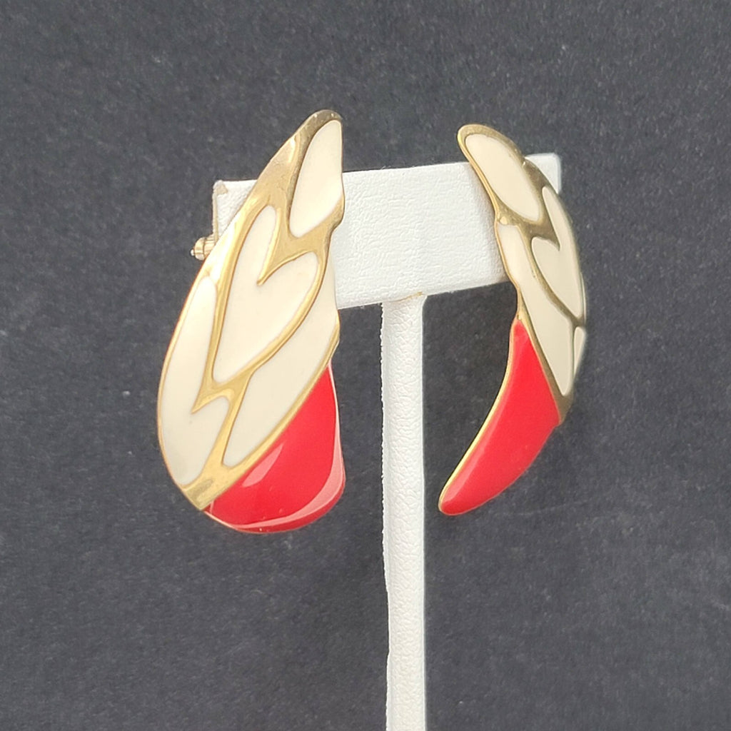Vintage Pierced Earrings Large Red White Enamel Statement Gold tone 1.75"