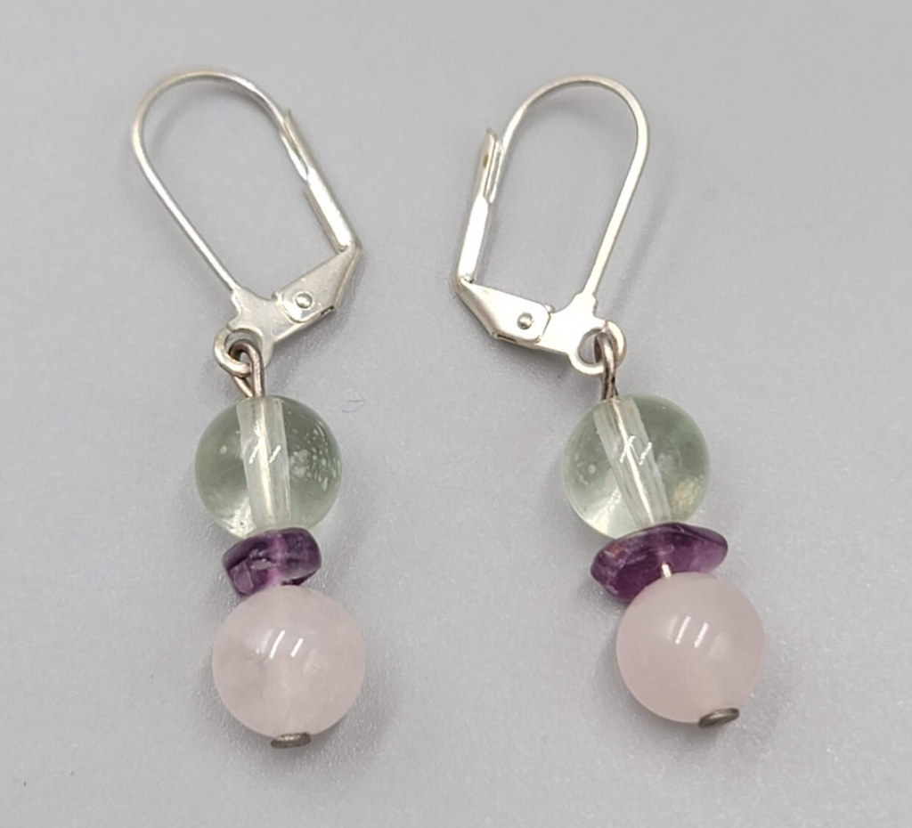 White and Pink Quartz Bead Pierced Earrings Silver tone Dangle Amethyst 7/8"