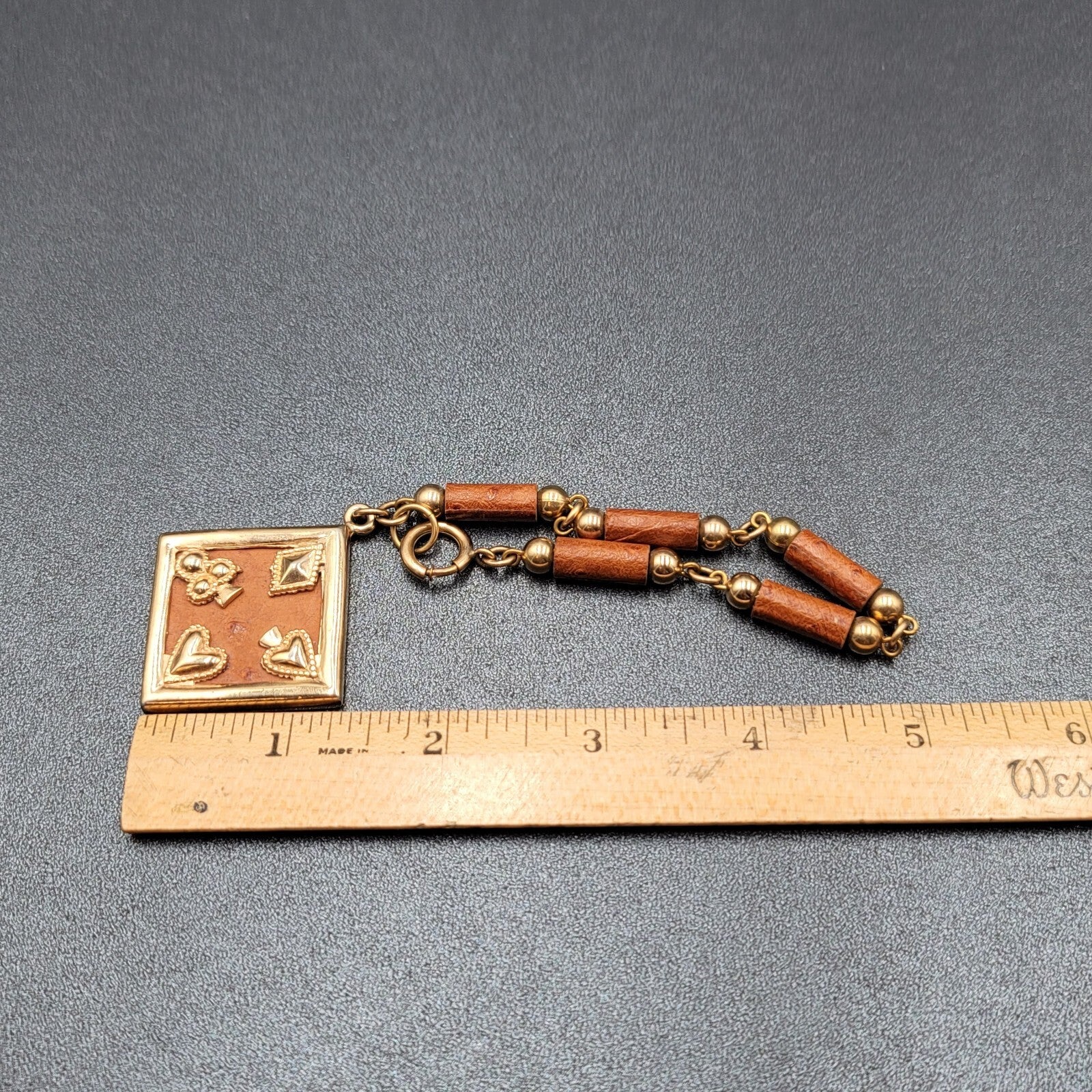 Vintage Bracelet Gold tone Brown Ostrich Leather Ace Clover Diamond Heart 7.5"