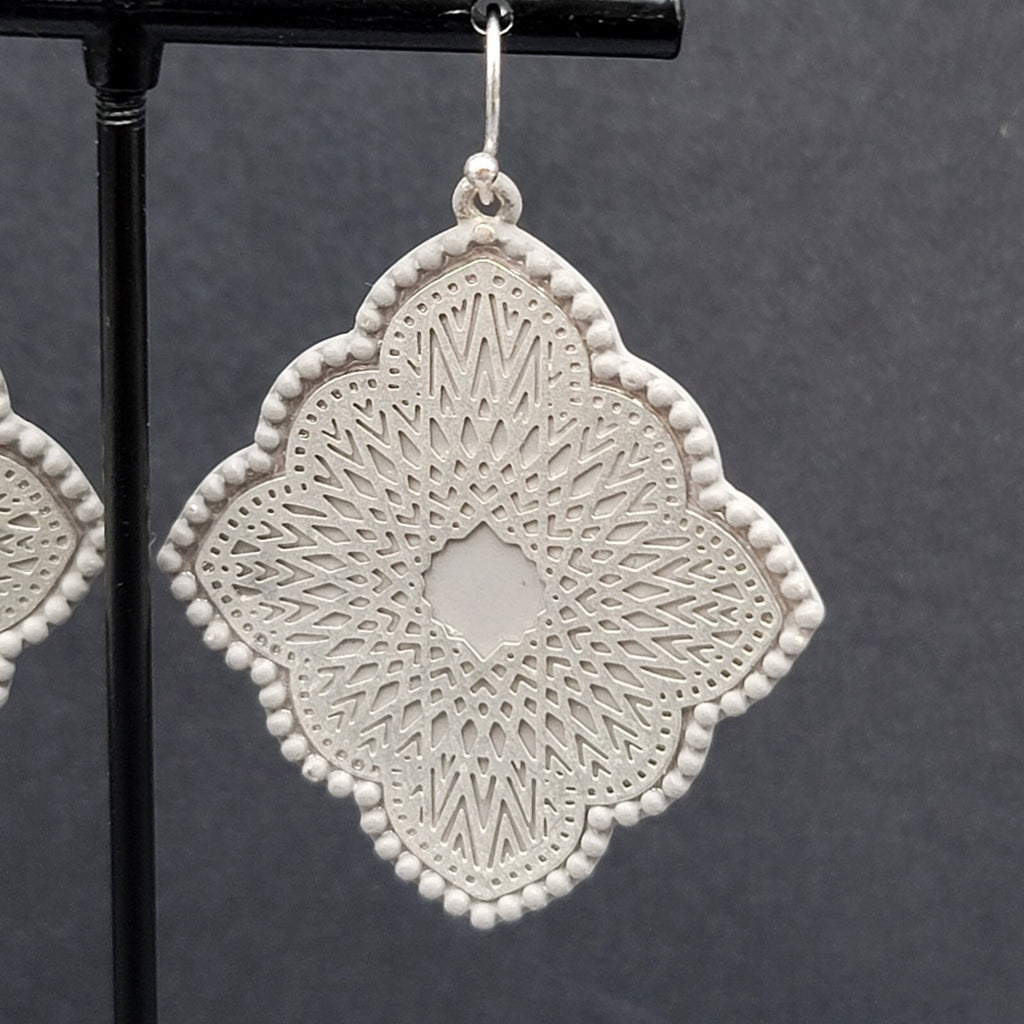 Pierced Earrings Silver tone Gray Enamel Filigree Enamel 1.75"