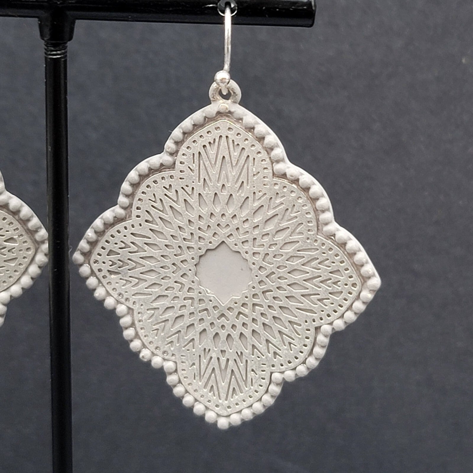 Pierced Earrings Silver tone Gray Enamel Filigree Enamel 1.75"