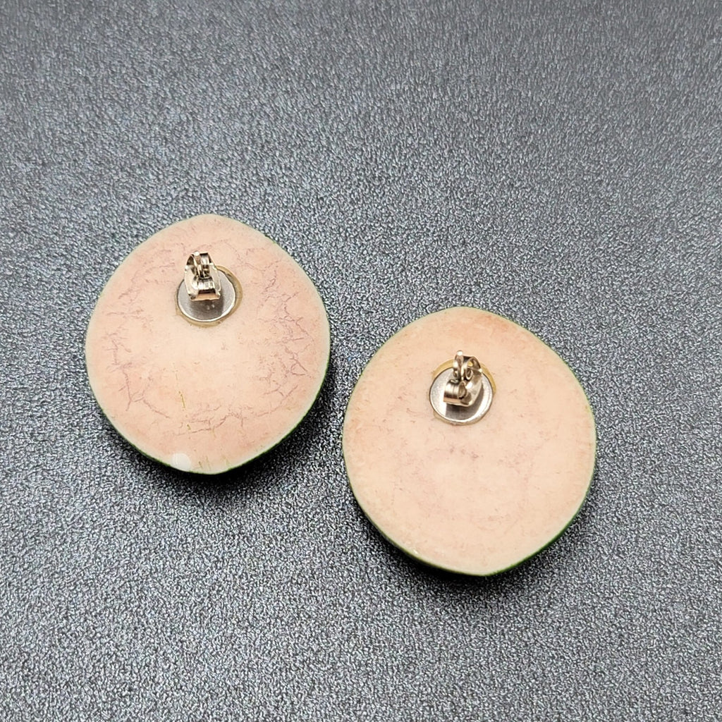 Vintage Pierced Earrings Dark Green Weave Pattern  1.5"