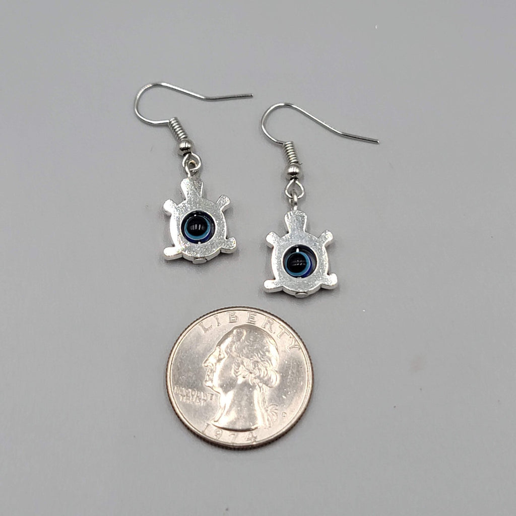 Turtle Evil Eye Pierced Earrings Silver tone Blue Bead Dangle 3/4"