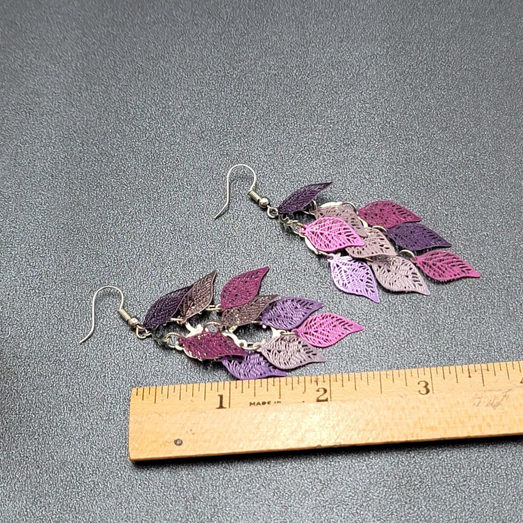 Pierced Earrings Purple Metal Laser Cut Chandelier Dangle 2.5"