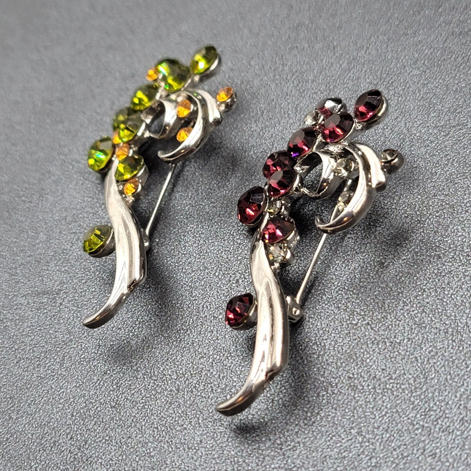 Vintage Brooch Lot of 2 Silver tone Green Purple Crystal Rhinestone 2.5"