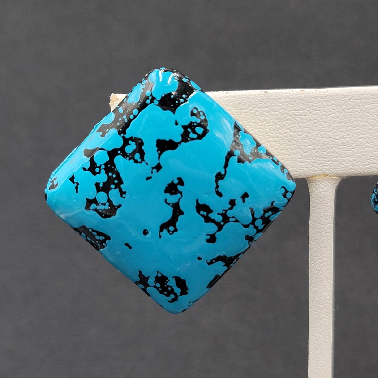 Vintage Pierced Earrings Acrylic Black Blue Enamel Statement Square Drop 1 1/8"
