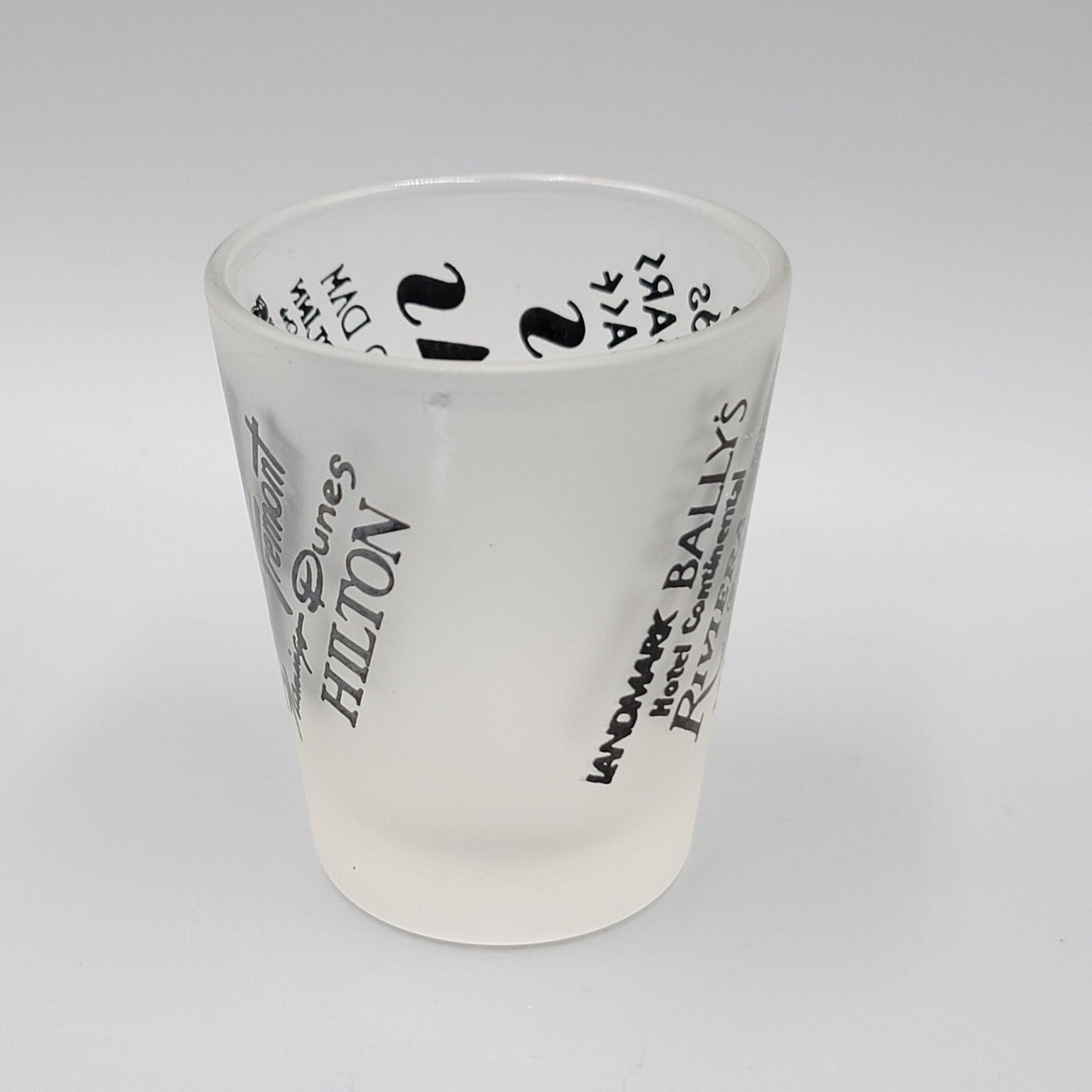 Vintage Las Vegas Casino Shot Glass Black Letters Frosted Glass Souvenir