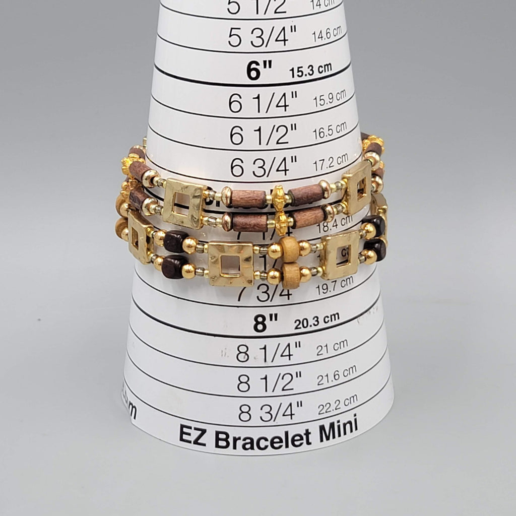 Set of 2 Bracelets Gold tone Wood Bead Elastic 7"