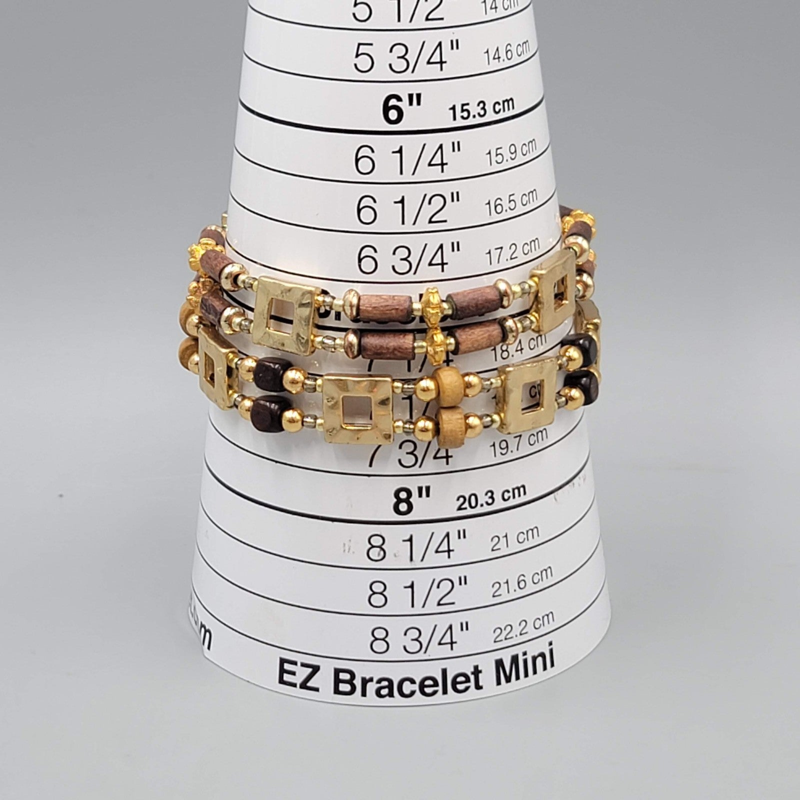 Set of 2 Bracelets Gold tone Wood Bead Elastic 7"