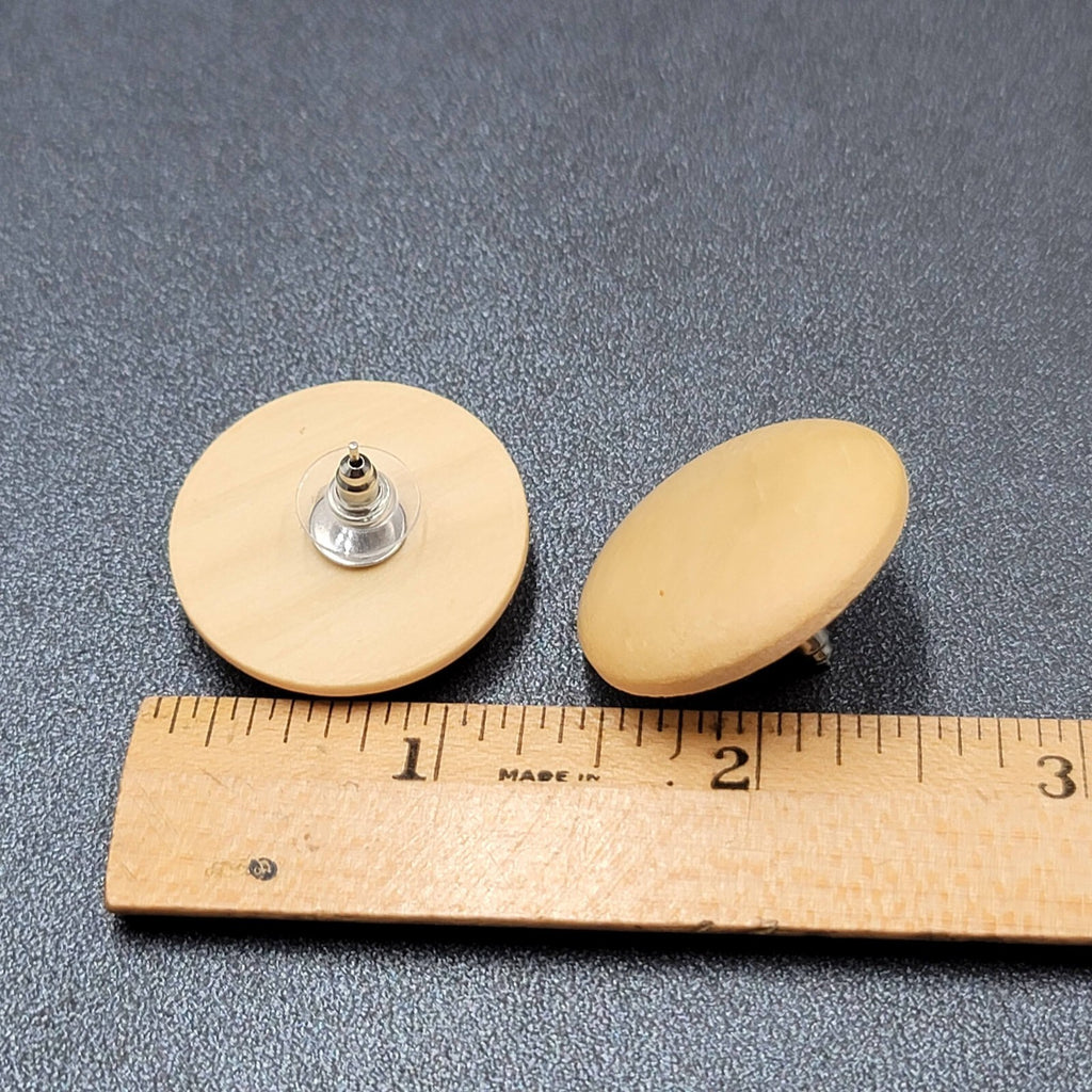 Vintage Pierced Earrings Light Tan Real Wood Round Drop 1 1/8"