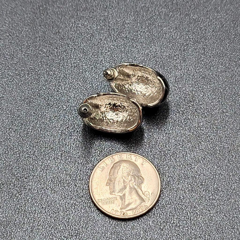 Vintage Pierced Earrings Black Enamel White Glitter Dots Half Hoops 7/8"