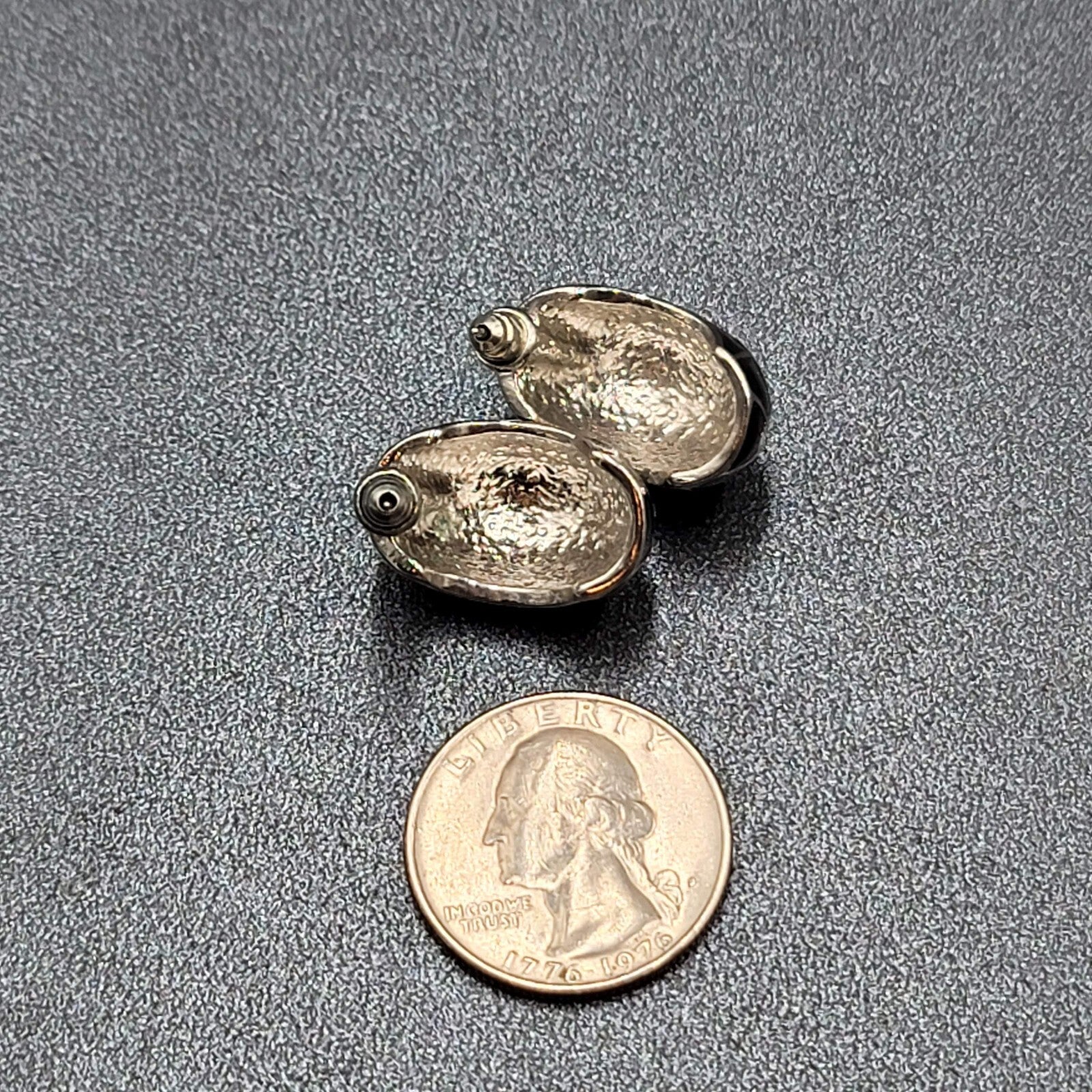 Vintage Pierced Earrings Black Enamel White Glitter Dots Half Hoops 7/8"