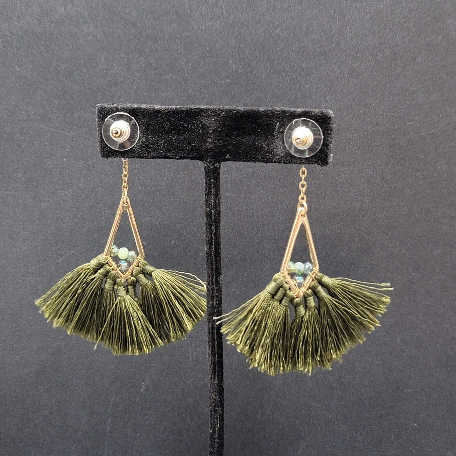 Pierced Earrings Gold tone Green Rhinestone Tassel Dangle 3"