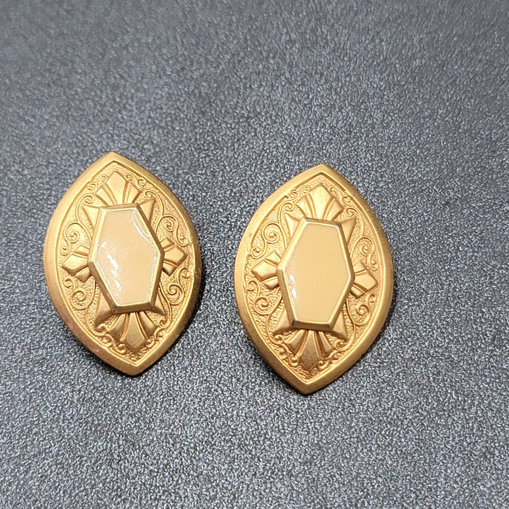 Pierced Earrings Gold tone Ivory Enamel Textured Drop 1.25"
