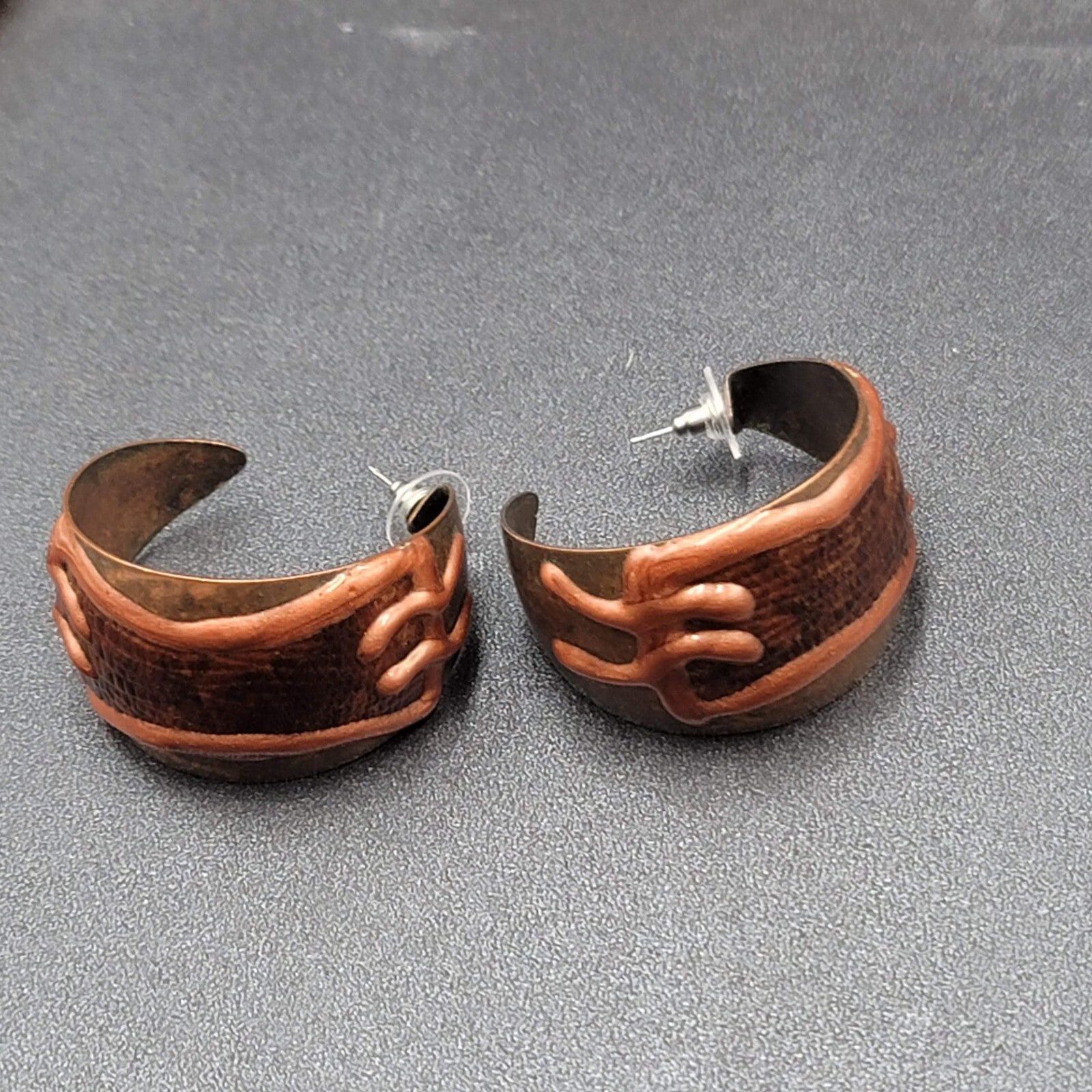 Vintage Pierced Earrings Large Wide Hoops Hand Painted Brown 1.5"