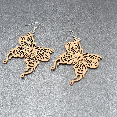 Butterfly Pierced Earrings Laser Cut Wood Dangle Statement 1.75"