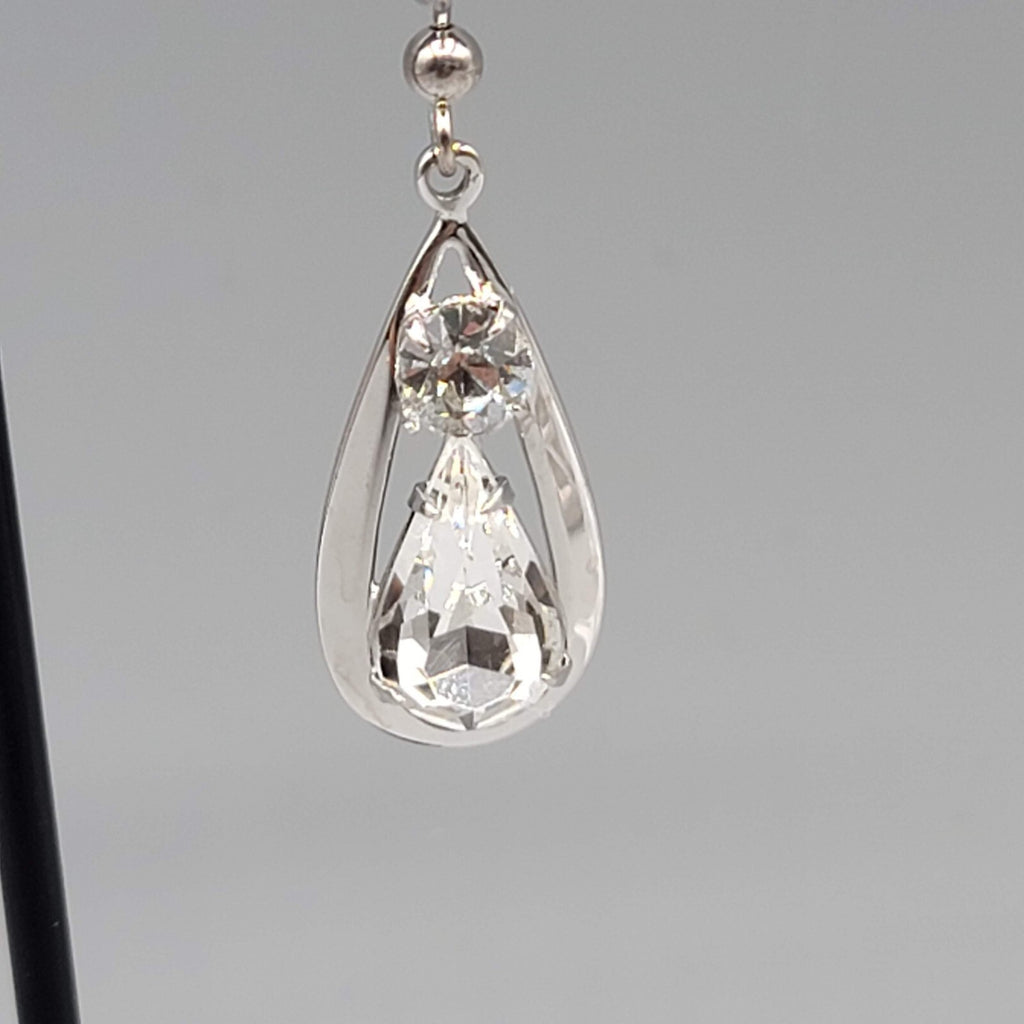 Dangle Crystal Pierced Earrings Silver tone Teardrop Sterling Hooks 1 1/8"