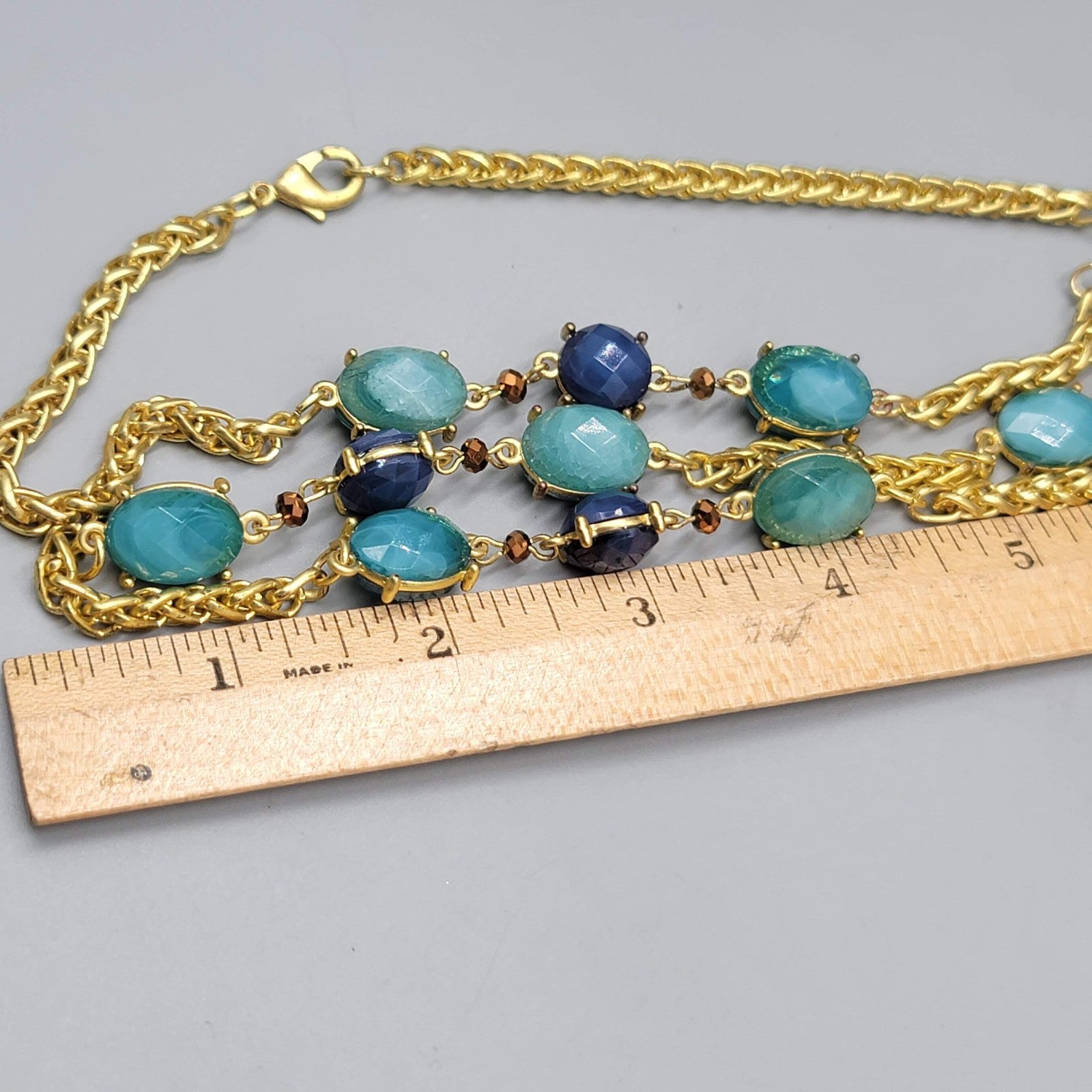 Necklace Bright Gold tone Blue Bead Long 36"