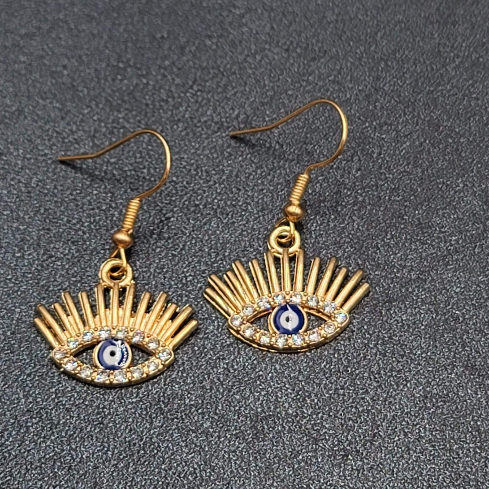 New Evil Eye Pierced Earrings Gold tone Enamel Dangle Eyelashes 5/8"