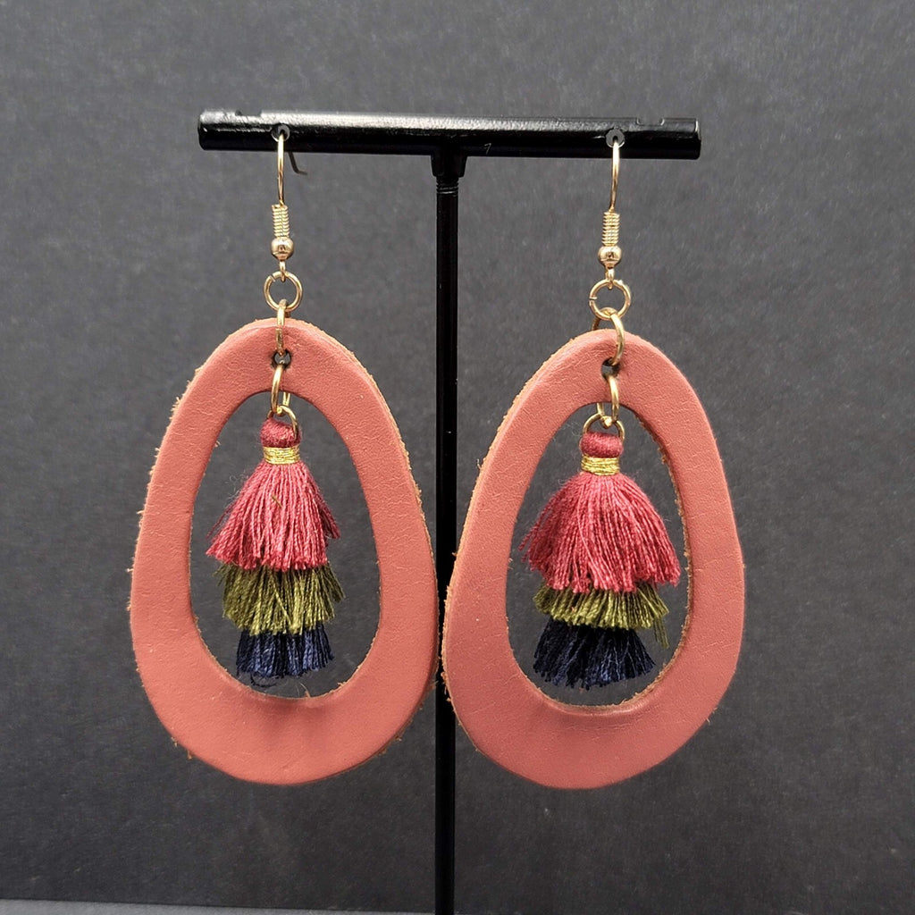 Pierced Earrings Dusty Rose Pink Leather Teardrop Tassel Boho Art  2.5"