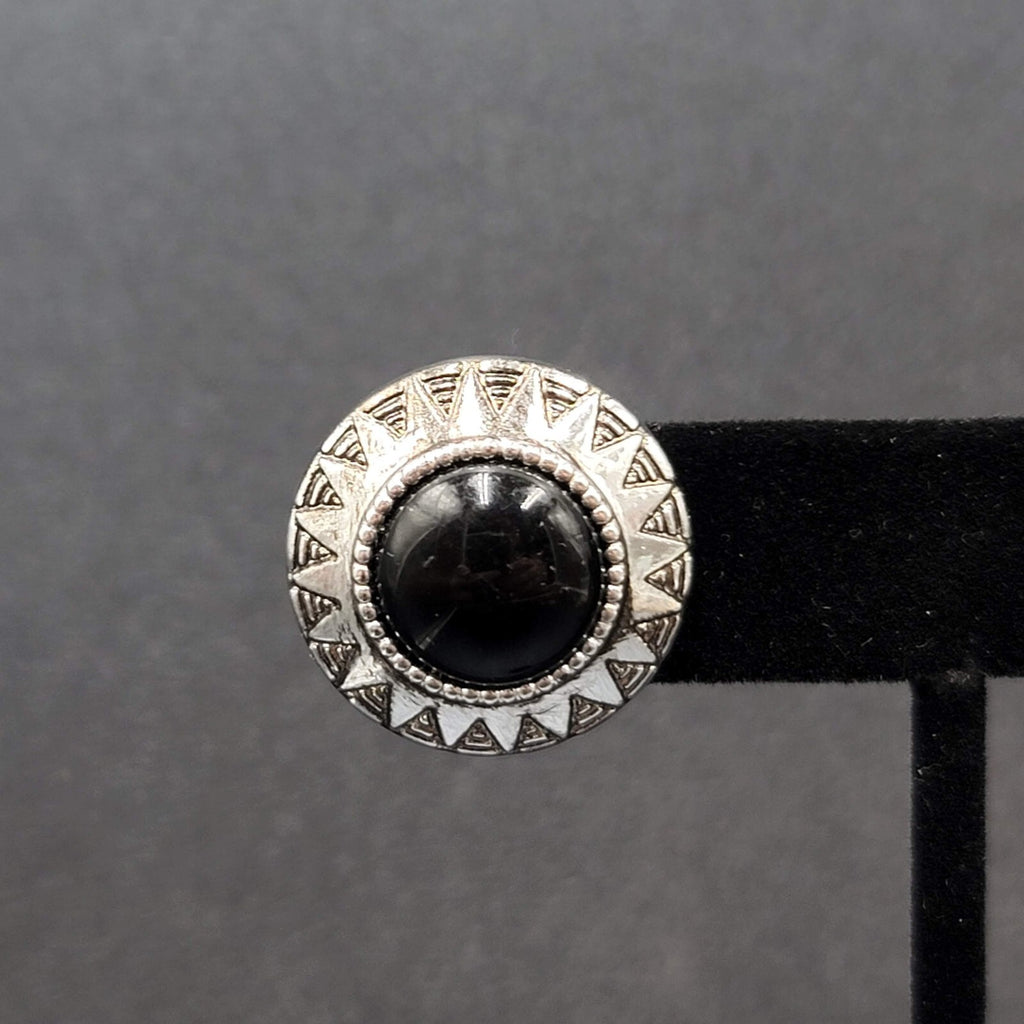 Vintage Pierced Earrings Silver tone Black Acrylic Cabochon Round Studs 1"