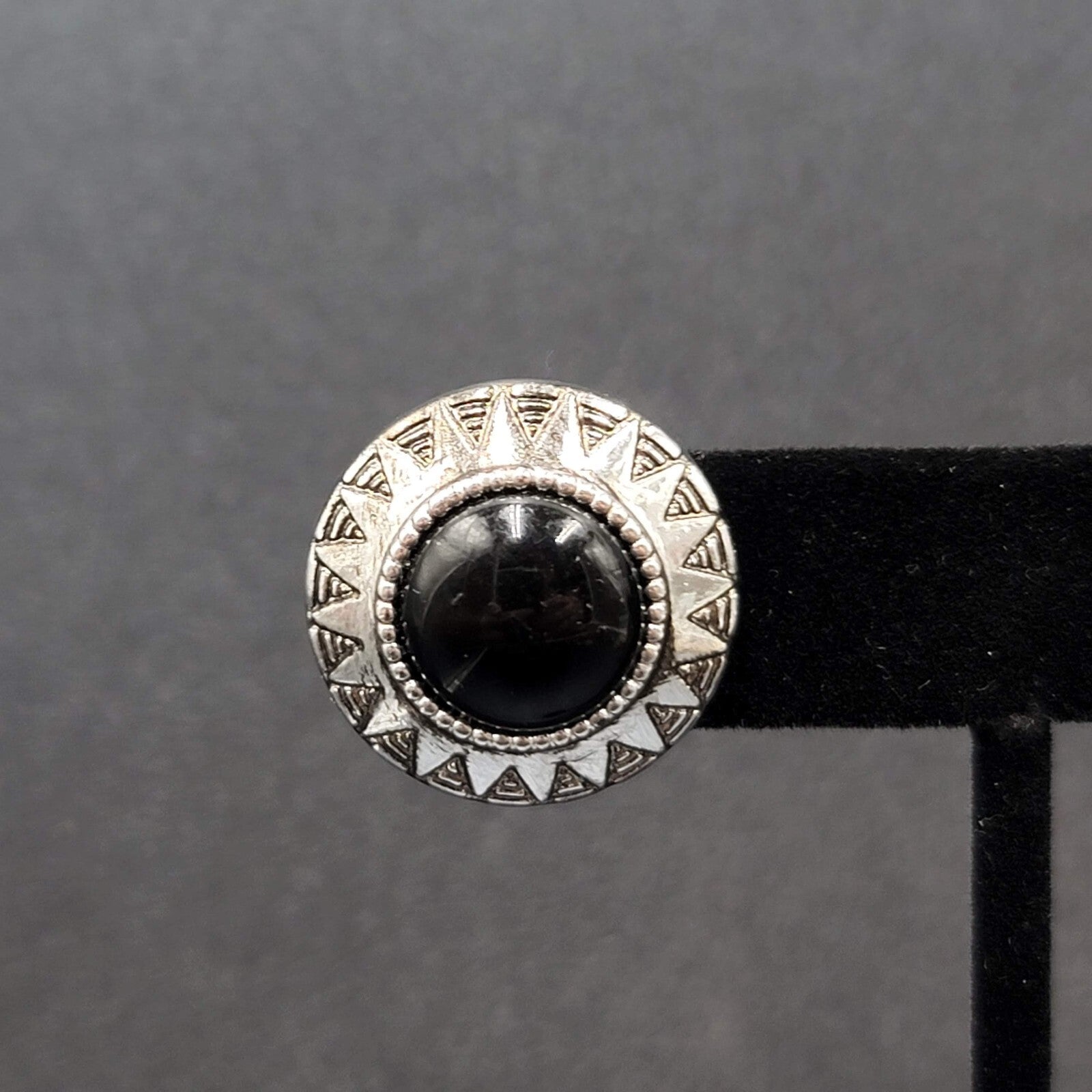Vintage Pierced Earrings Silver tone Black Acrylic Cabochon Round Studs 1"