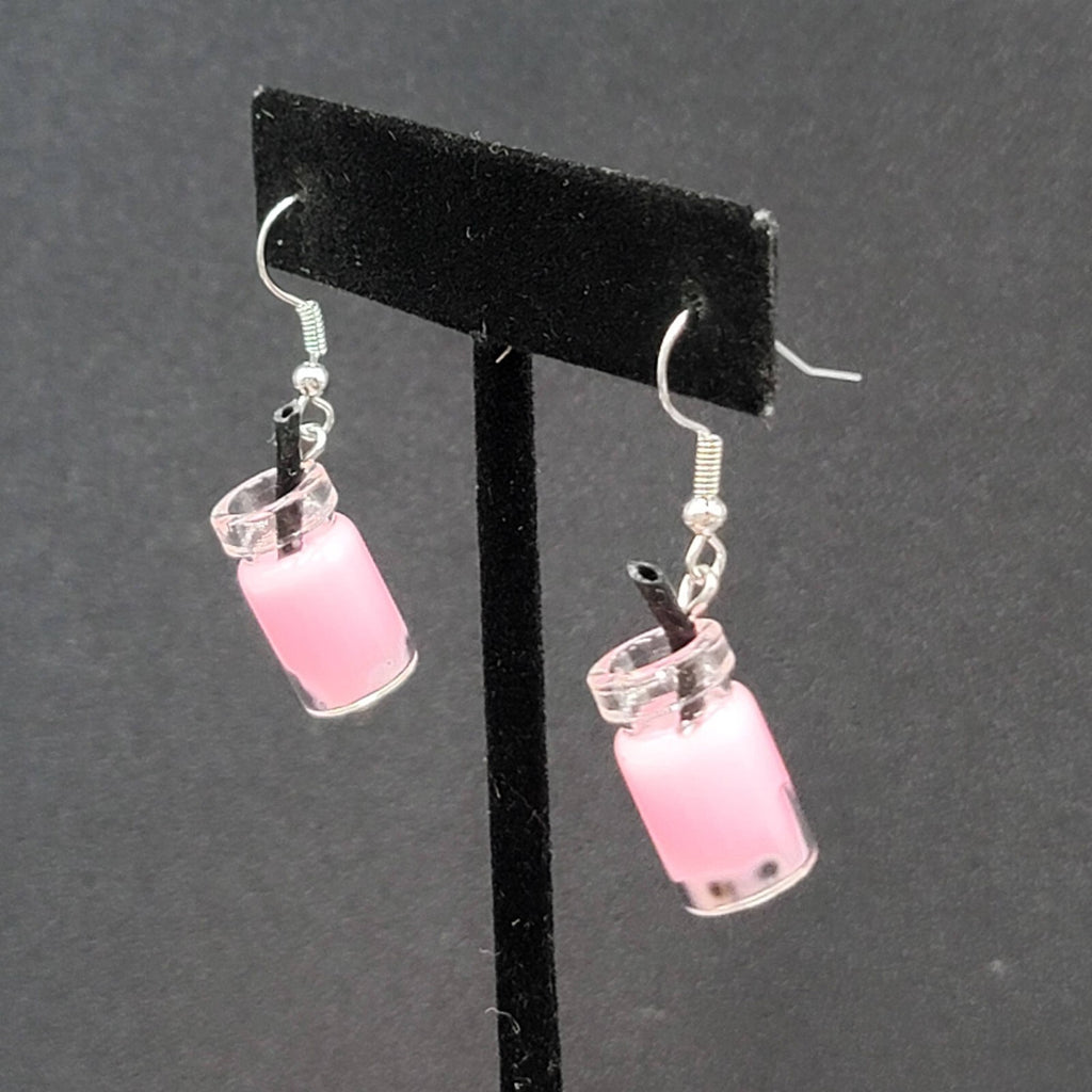 Pierced Earrings Pink Boba Tea Drink with Straw Novelty Dangle 1"