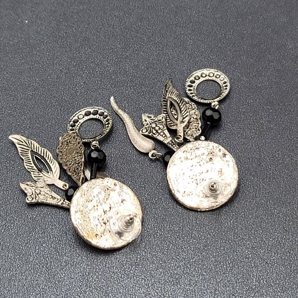 Boho Pierced Earrings Silver tone Black Beads Dangle Charms 2.25"