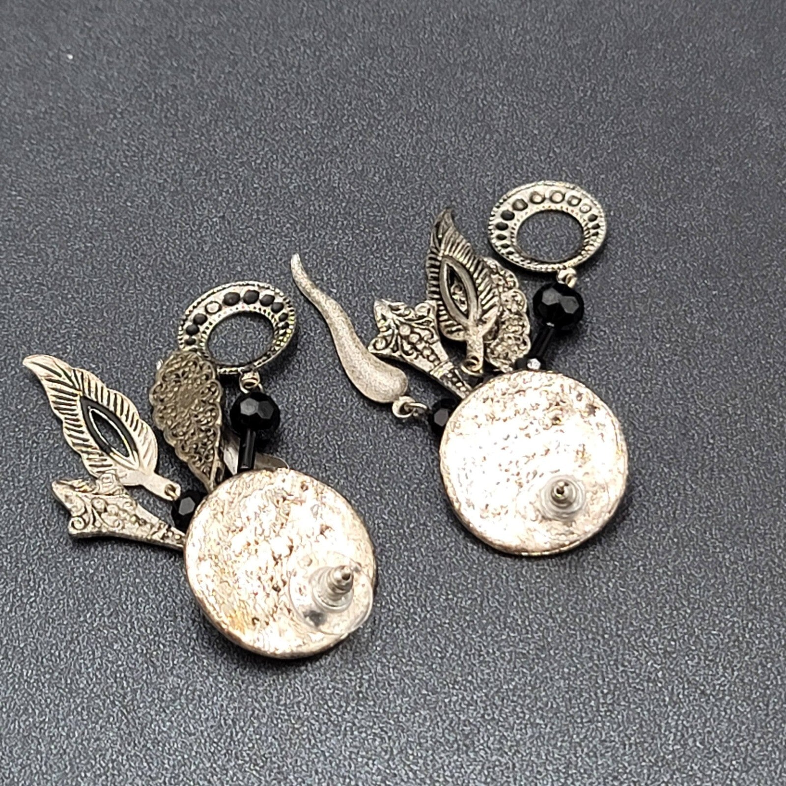 Boho Pierced Earrings Silver tone Black Beads Dangle Charms 2.25"