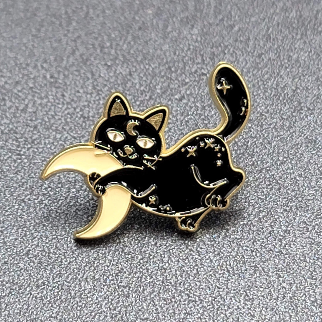Black Cat Yellow Crescent Moon Enamel Lapel Hat Pin Stars Moon  1"