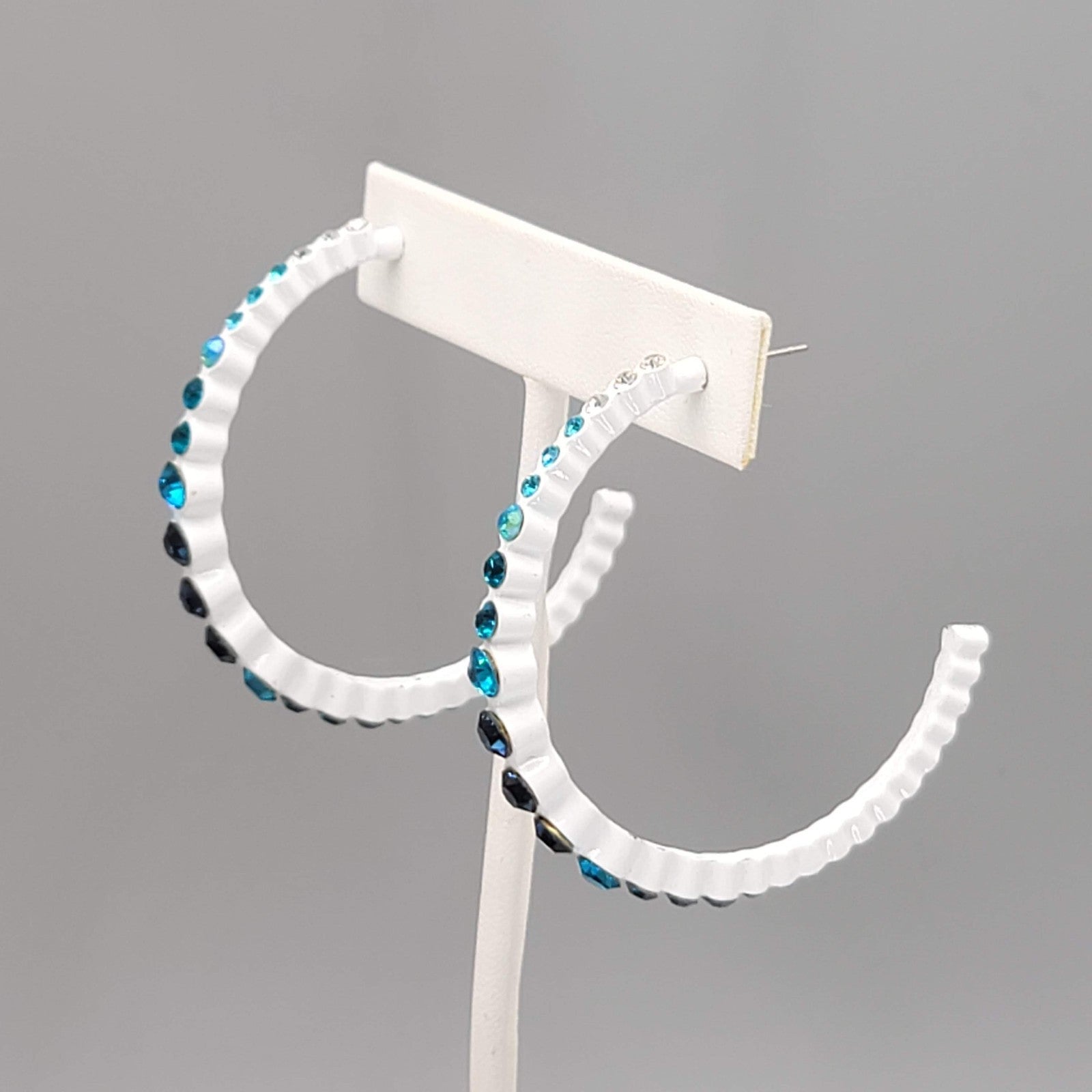White Enamel Pierced Earrings Blue Ombre Rhinestone Large 2"