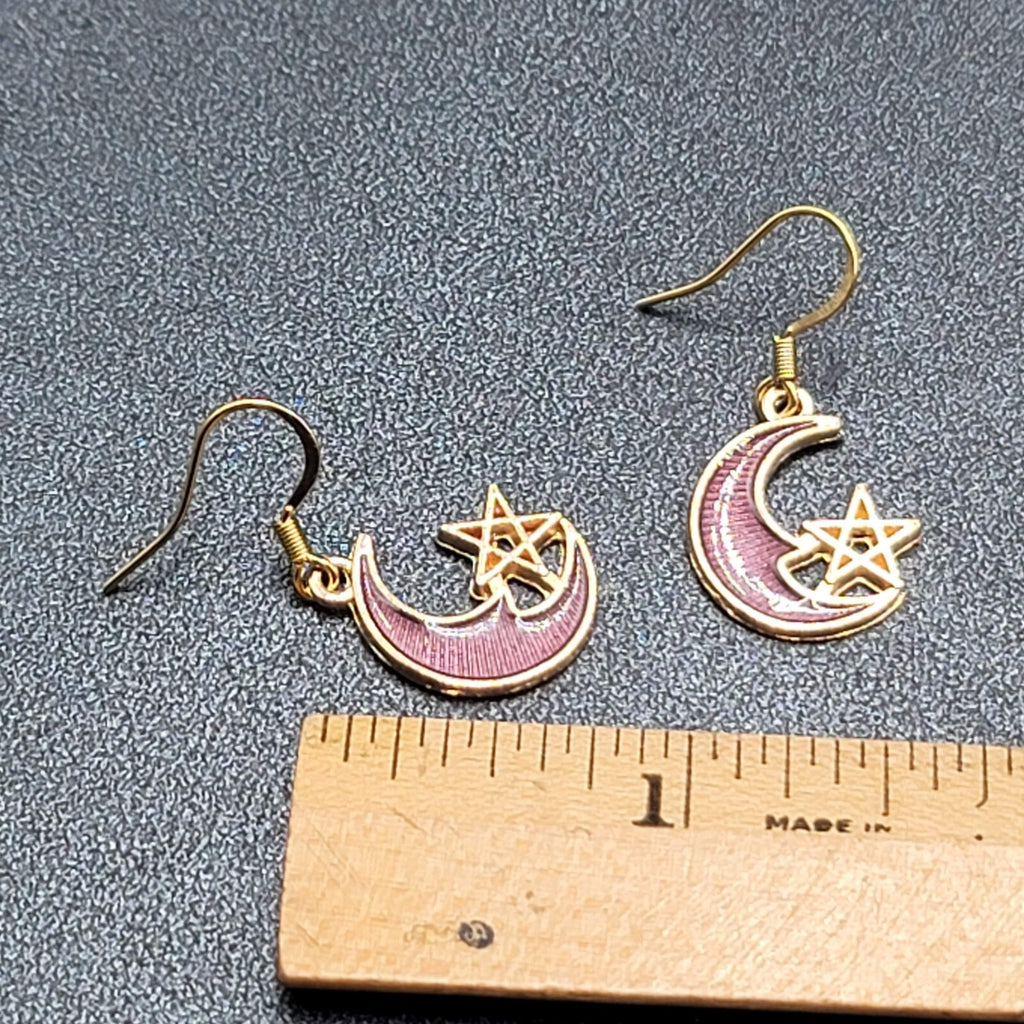 New Moon Star Pierced Earrings Gold tone Purple Enamel Dangle 3/4"