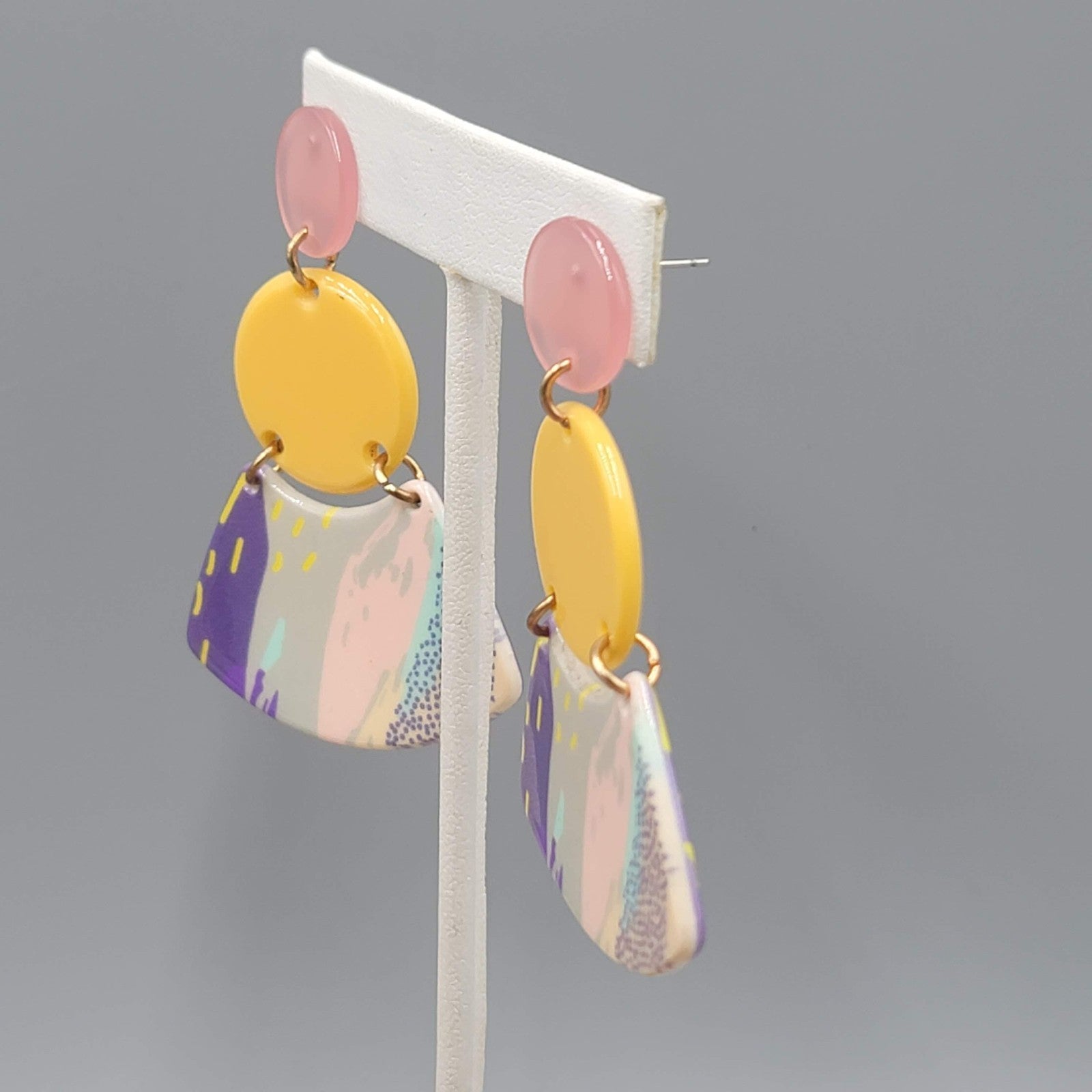 Yellow Pink Pastel Statement Pierced Earrings Large Acrylic Dangle Retro 2.5 in