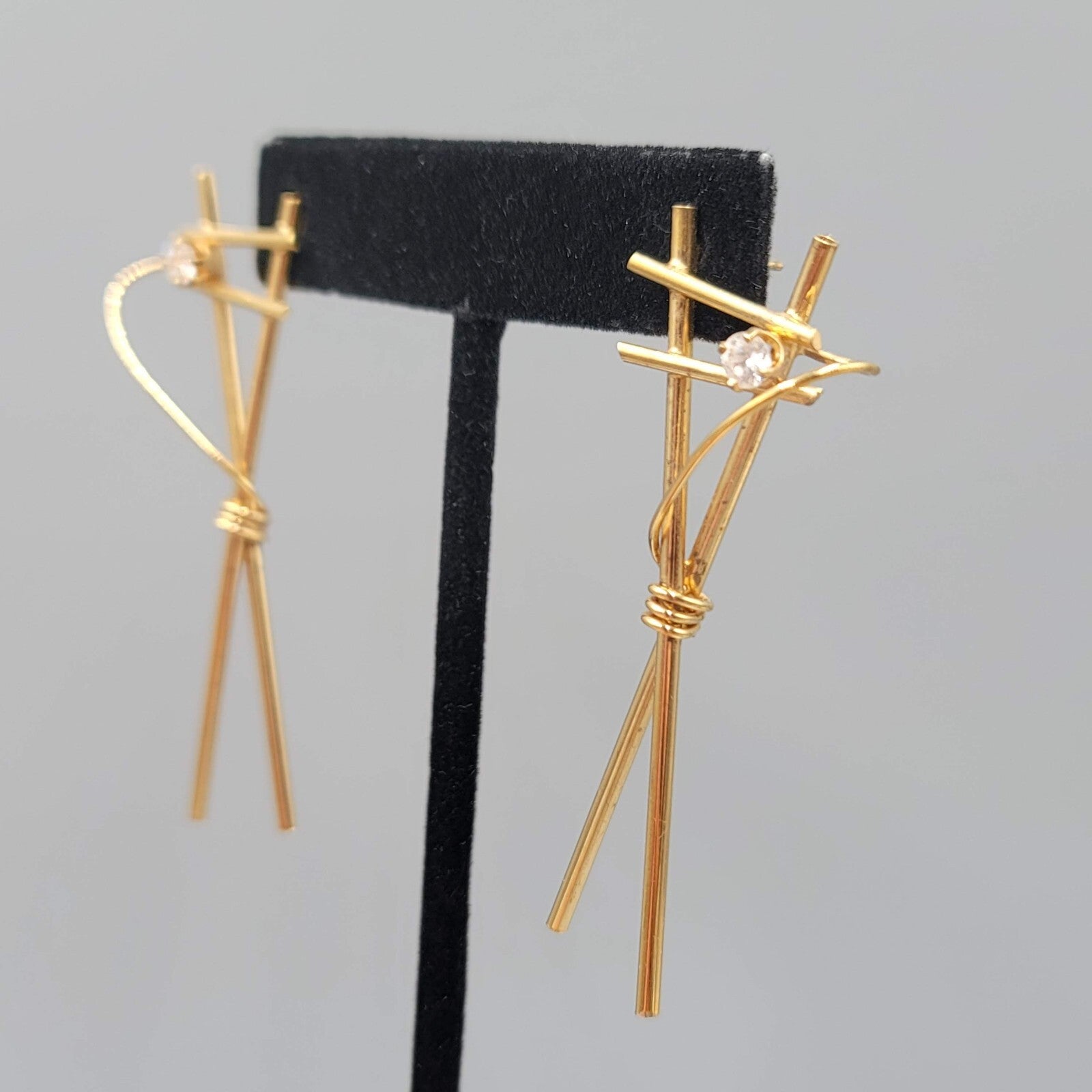 Vintage Pierced Earrings Gold tone Drop CZ Stone Unique 2 3/8"