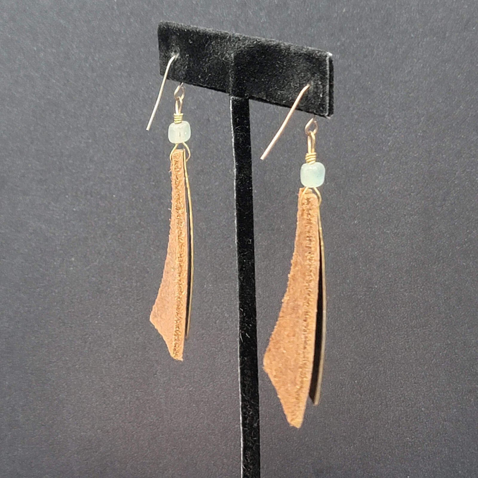 Vintage Artisan Pierced Earrings Leather And Brass Triangle Dangle  2.5"