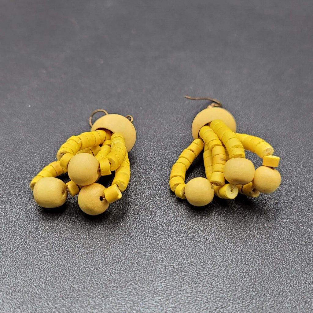 Vintage Pierced Earrings Wood Yellow Bead Dangle 1.75"