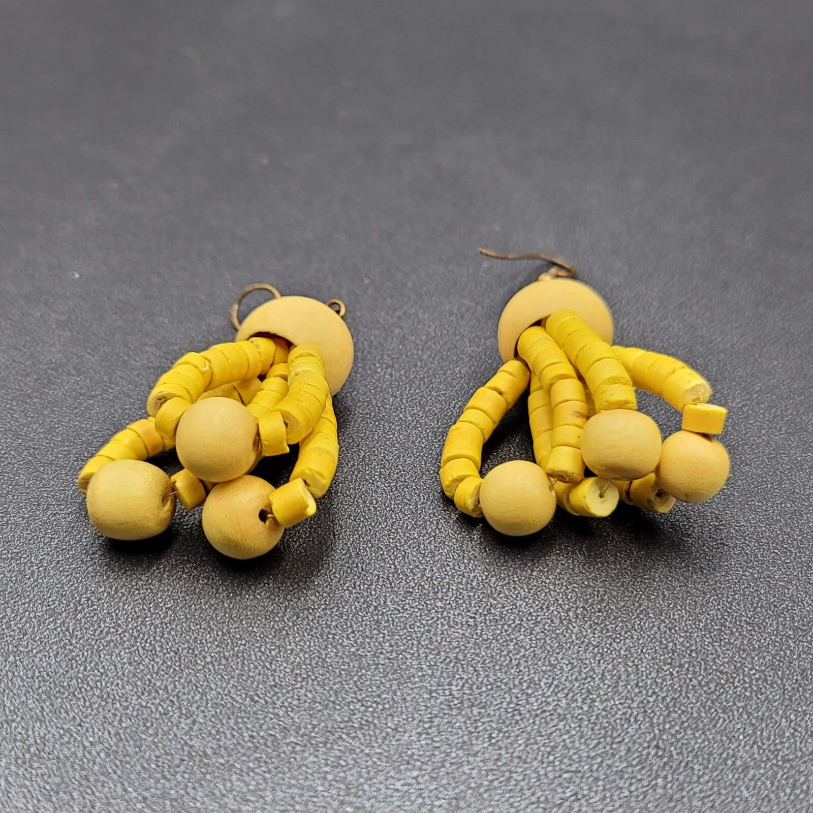 Vintage Pierced Earrings Wood Yellow Bead Dangle 1.75"