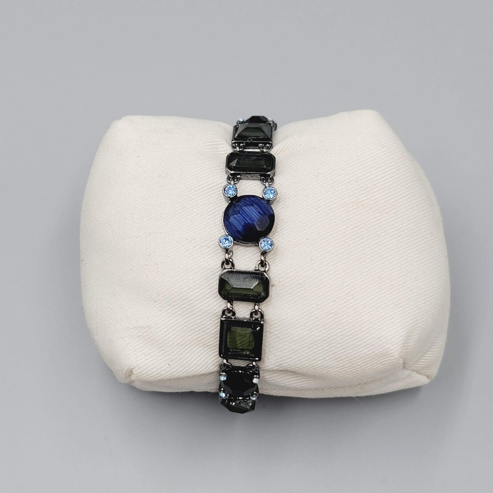 Black Metal Bracelet Dark Green Blue Rhinestones 7.25"