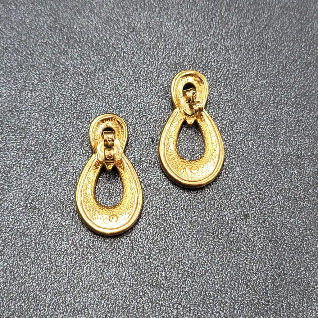 Vintage Pierced Earrings Gold Plated Cream Enamel Drop 1"