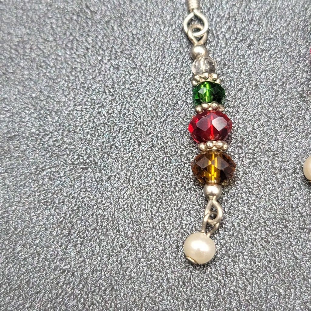 Pierced Earrings Green Red Yellow Crystal Bead Dangle Silver tone 1.25"
