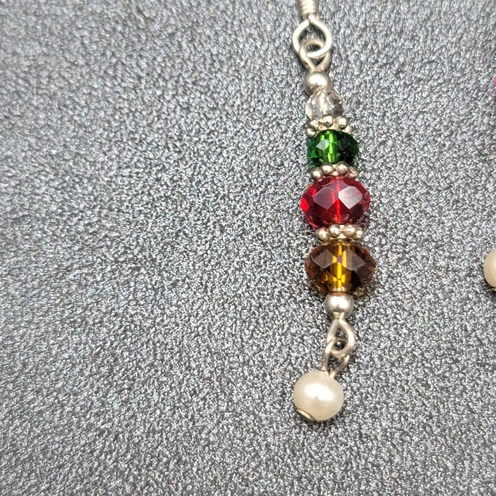 Pierced Earrings Green Red Yellow Crystal Bead Dangle Silver tone 1.25"