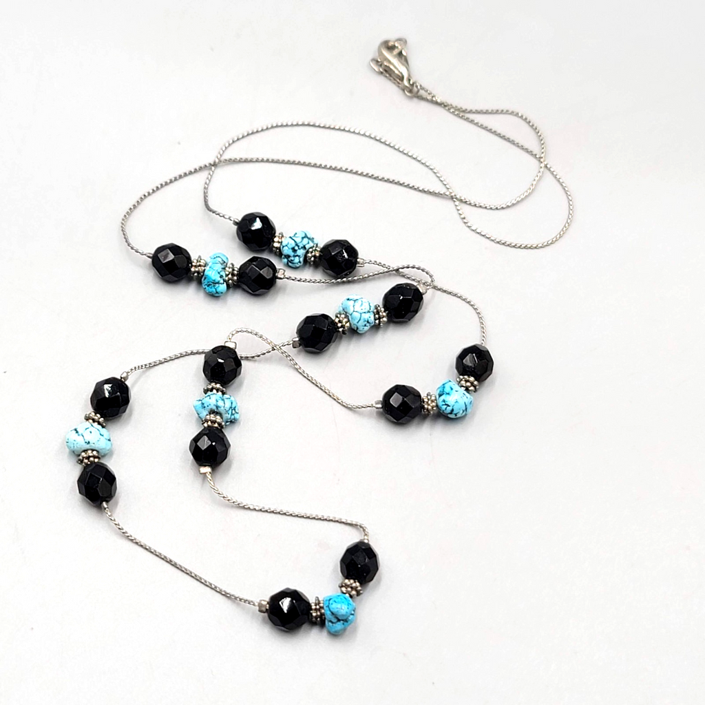 Black Bead Blue Stone Long Station Necklace Silver tone 30 in